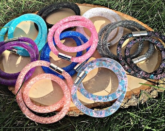 Glittrande kristallarmband, dubbellindad choker, magnetiskt spänne