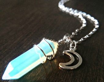 Opalit "Moonlight" kristallhalsband • Trådlindat hänge • Sterlingkedja • Himmelsk present till henne