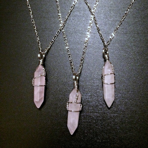 Wire Wrapped Rose Quartz Crystal Necklace: Bohemian Healing Stone