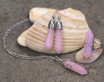 Rose Quartz Jewelry Set, Crystal Necklace, Rose Quartz Earrings, Bride gift, Hippie Jewelry, Rose Quartz Ring, Heal Crystal, Birthday gift