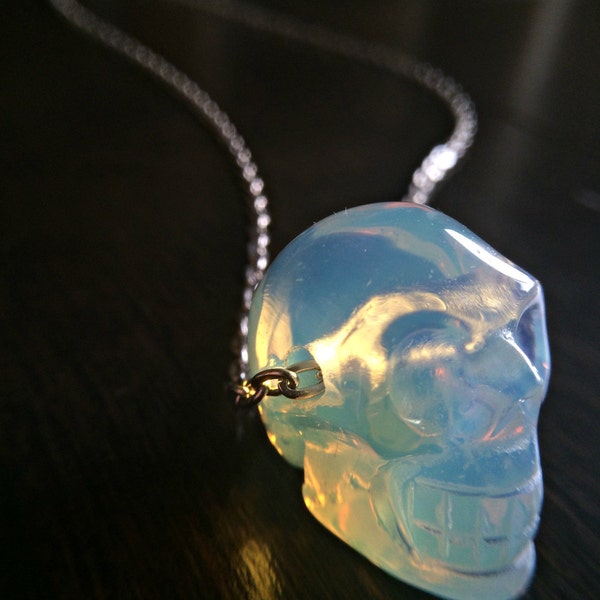 Crystal Skull Necklace Opalite Necklace Human Skull Opal Necklace Moonstone Gypsy Necklace Gothic Jewelry Witchy Necklace Bohemian