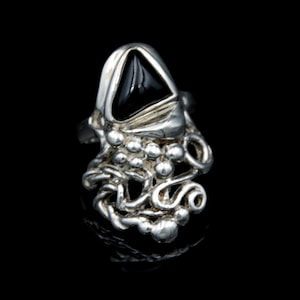 Vintage Signed A&C Sterling Silver Ring with Black Onyx Adjustable Ring