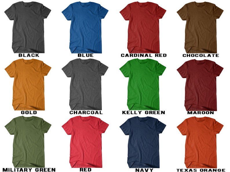 Puede incluir: Un collage de 12 camisetas de varios colores, incluyendo negro, azul, rojo cardenal, chocolate, dorado, carb&oacute;n, verde kelly, granate, verde militar, rojo, azul marino y naranja de Texas.