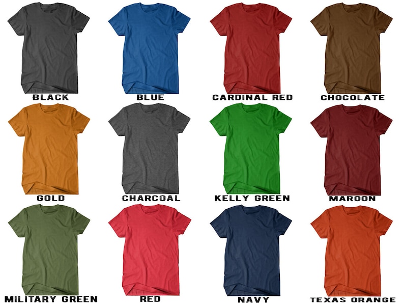 Puede incluir: Un collage de 12 camisetas de varios colores, incluyendo negro, azul, rojo cardenal, chocolate, dorado, carb&oacute;n, verde kelly, granate, verde militar, rojo, azul marino y naranja de Texas.