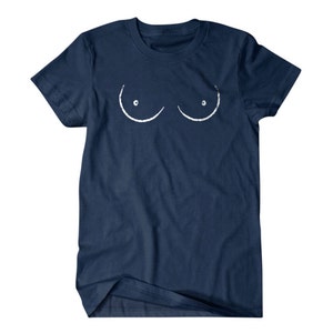 May include: A navy blue t-shirt with a white outline of a pair of breasts.