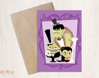 Halloween Monster Family Portrait 4 by 6 Inch Greeting Card! Retro Halloween Art!