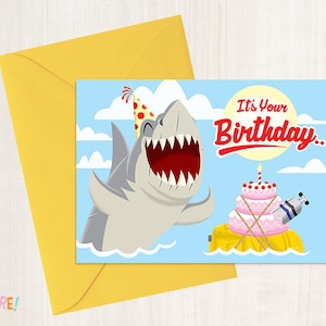 Shark Theme Illustrated Funny Birthday Card 4 by 6 Inch Cartoon Style Illustrated Card Silly Birthday Card with Shark image 1