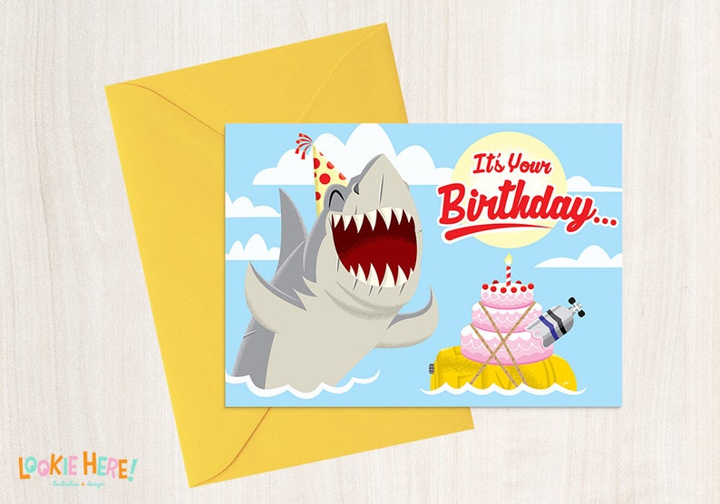 Shark Theme Illustrated Funny Birthday Card 4 by 6 Inch Cartoon Style Illustrated Card Silly Birthday Card with Shark image 1