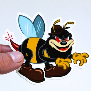 May include: A black and yellow cartoon bee with red eyes and a mischievous grin. The bee is wearing a brown hat and has a red and yellow tail. The bee is in a flying pose with its wings spread out.