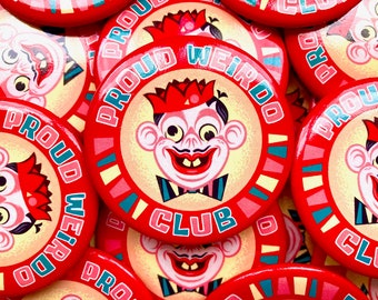 Proud Weirdo Club Old Timey Goofball Face Pinback Button | Retro Silly Art | Proud Weirdo Badge | Funny Badge | Nerdy Button