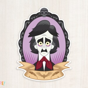 May include: A black and white illustration of a cartoon character with a pale face and dark hair, wearing a black suit and a red bow tie. The character is framed in a black and white oval with a skull and crossbones at the top. The character is surrounded by a purple background with a gold banner at the bottom.