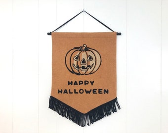 Handmade Vintage Style Chainstitched "Happy Halloween" Fringed Banner with Jack-o-Lantern