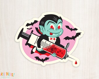 Gimme Your Blood - Vampire Boy Vinyl Sticker - Retro Horror Art | Cute Vampire Sticker | Funny Gift for Horror Fans | Funny Syringe