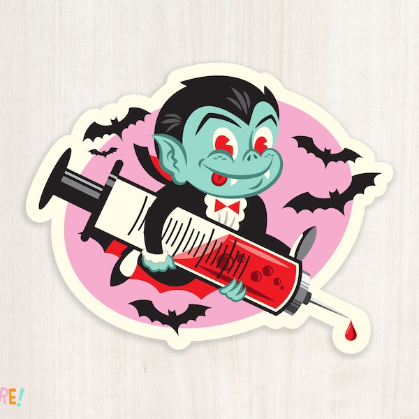 Gimme Your Blood - Vampire Boy Vinyl Sticker - Retro Horror Art | Cute Vampire Sticker | Funny Gift for Horror Fans | Funny Syringe