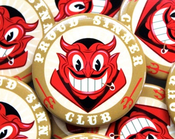 Proud Sinner Club Old Timey Devil Face Pinback Button/Badge! Retro Horror Art!