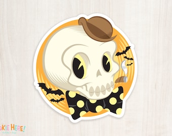 Skull Boy Old Timey Retro Halloween Skeleton Vinyl Sticker! Retro Monster Art!