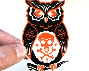 Spooky Owl Old Timey Retro Halloween Vinyl Sticker! Retro Monster Art!