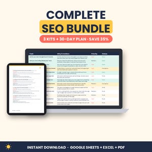 Complete SEO Bundle, Small Business SEO Checklist, Local SEO Kit and Website Launch Checklist, 30 Day Seo Plan, Sheets & Excel