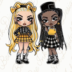Y2K Retro Dolls PNG Clip Art Braids And Blonde Chibi Dolls Instant Download Wall Art, Sticker, Clip Art Friend Doll PNG