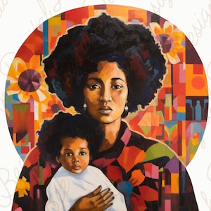 Modernistische zwarte Madonna Maagd Maria PNG Afrocentrische moeder- en kindkunst | Gedurfde en kleurrijke clipart