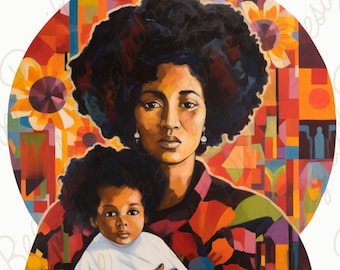 Madona Negra Afrocentrada com o Menino Jesus PNG | Arte Modernista Colorida (Download Digital)