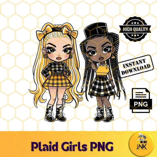 Plaid Girls Fashion Dolls PNG | Blonde And Brunette Big Heads PNG | Baddie Clipart | Fashion Dolls Stock Photo