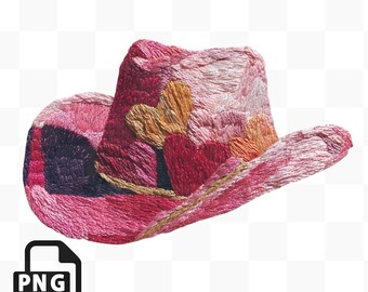Niedliche Cowboyhut Clipart, Cowboyhut Herzen, Handbestickte PNG PNG, wunderliche westliche Illustration, Sofort Download