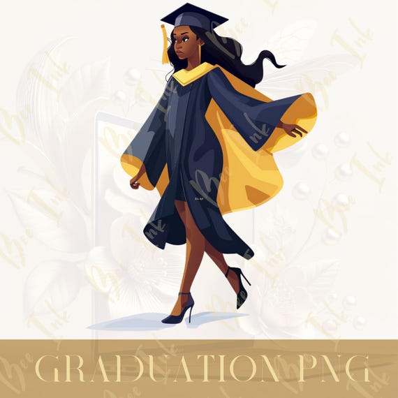 graduation dress black women Black Woman Graduation PNG | Blue and Yellow Cap & Gown (digital Download)