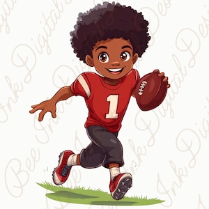 Football Player Clipart | Cute African American Boy in Red Jersey | Sports Themed Digital Art | Printable Football Decor | Kids Room Art