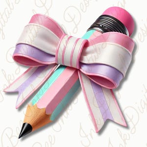 May include: A pink, white, and purple striped ribbon tied into a bow around a pink, blue, and white striped pencil with a black eraser.