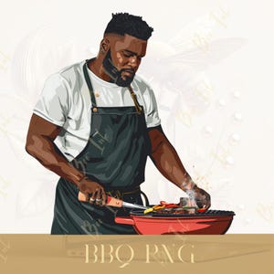 黒人男性のバーベキュー PNG | アフリカ系アメリカ人男性のグリル料理漫画ストック写真 | 父の日のクリップアート | 黒人の父親 PNG | 黒人のお父さんが料理をする