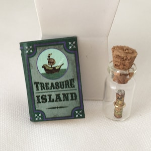 Dollhouse Miniature Book & Map ~ Treasure Map ~ Treasure Island ~ Message In A Bottle ~ 1:12 Scale ~ Fairy garden ~ Diorama ~ Accessories