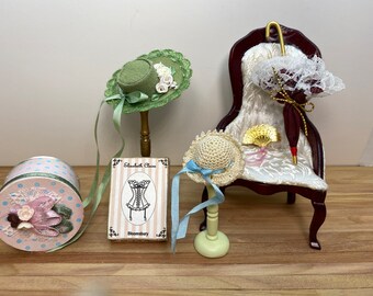 Dollhouse Miniature Accessories ~ Hat ~ Hat Shop ~ Milliner ~ Fan ~ Hat Box ~ Parasol ~ 1:12th Scale ~ Dress Shop ~ Diorama ~ Room Box