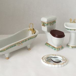 Dollhouse Miniature Bathroom Fixtures ~ Bathtub ~ Sink ~ Toilet ~ Mirror ~ Porcelain ~ 1:12 Scale ~ Diorama ~ Room Box ~ Accessories