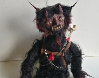 Krampus-art doll-devil-fabric doll-handpainted doll-chains-OOAK-black-curiosities-strange doll-decoration-horns