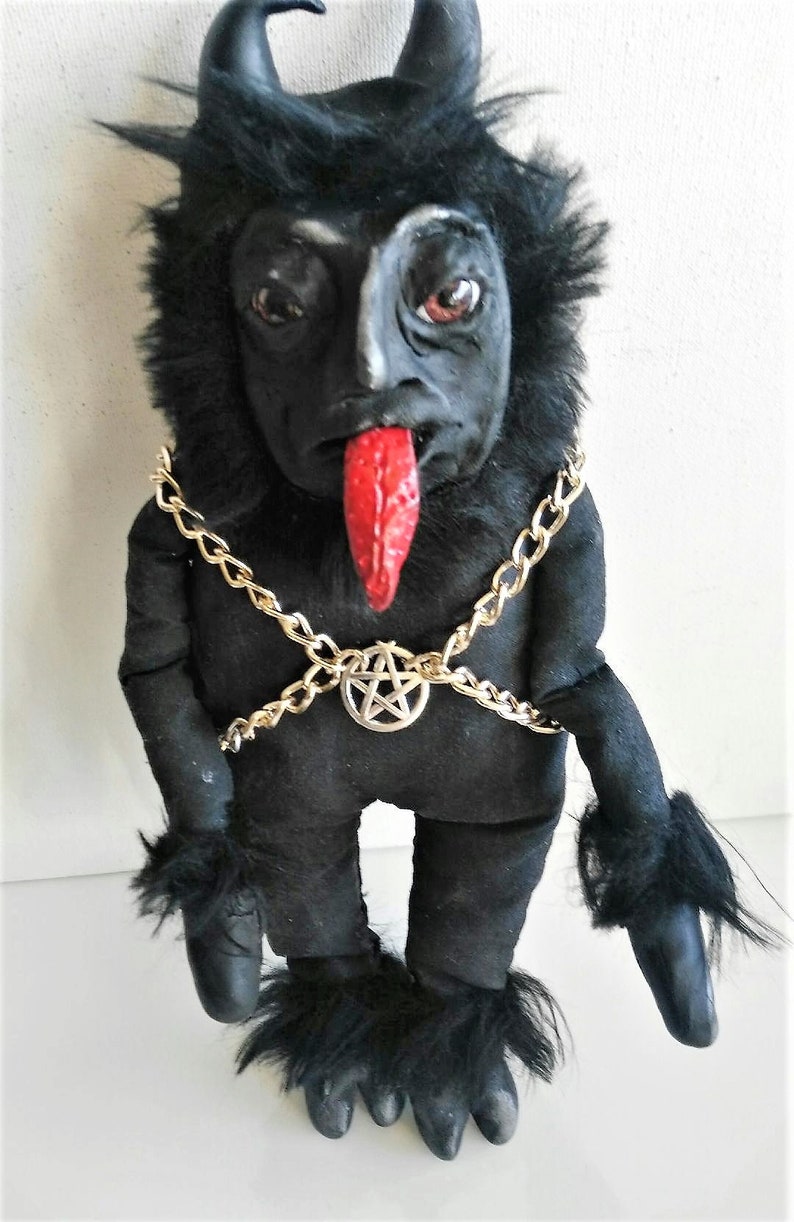 Krampus-art doll-devil-fabric doll-handpainted doll-chains-OOAK-black-curiosities-strange doll-decoration-horns