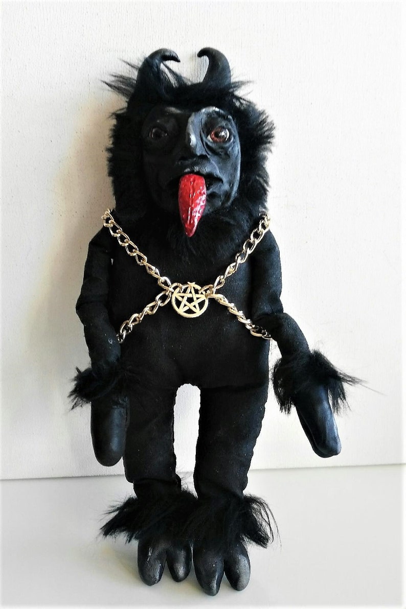 Krampus-art doll-devil-fabric doll-handpainted doll-chains-OOAK-black-curiosities-strange doll-decoration-horns