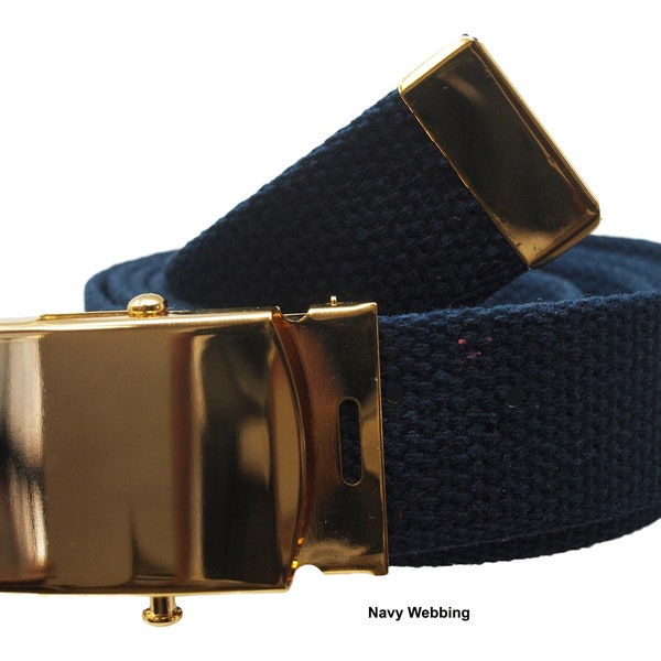 Military Style Web Belt, 1-1/4" wide 54" long, with Brass Buckle, Choose your Web Color (Navy, Khaki, Black, White)