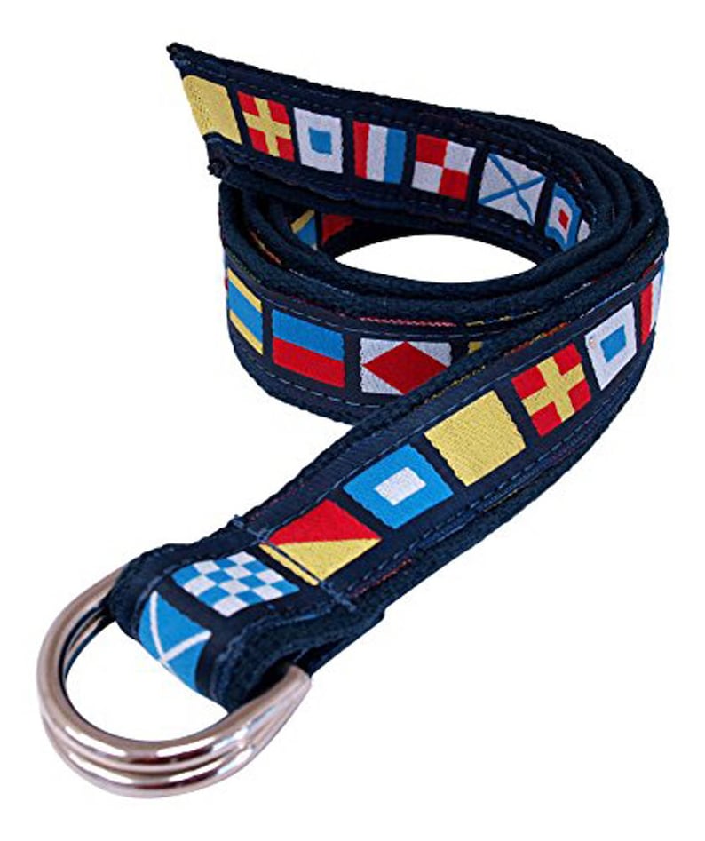 Nautical Code Flag Belt on Navy or Khaki webbing,Tan Leather Tips Made in US