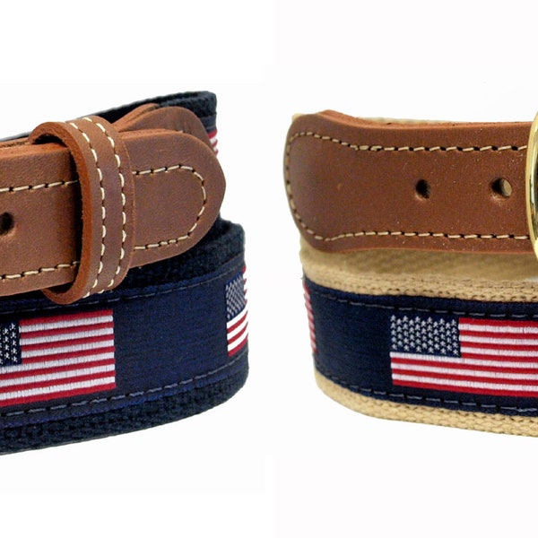 American Flag Leather Tip Belt, on Navy OR Khaki Webbing