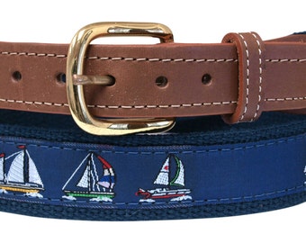 Sail Boat, Sloop, on Navy Webbing, Leather Tip Belt