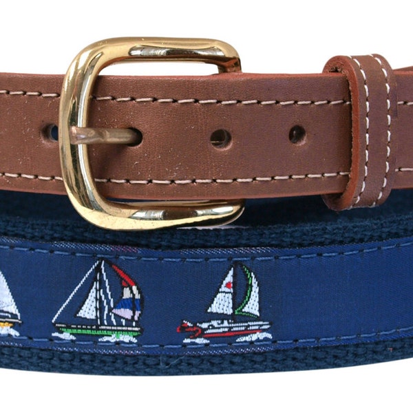 Sail Boat, Sloop, on Navy Webbing, Leather Tip Belt