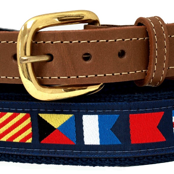 Nautical Code Flag, on Navy Webbing, Leather Tip Belt