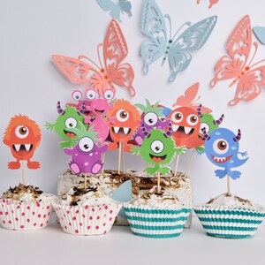 Monster Cupcake Toppers: Colorful Monster Party Decorations, Set of 16