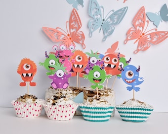 Monster Cupcake Toppers: Colorful Monster Party Decorations, Set of 16
