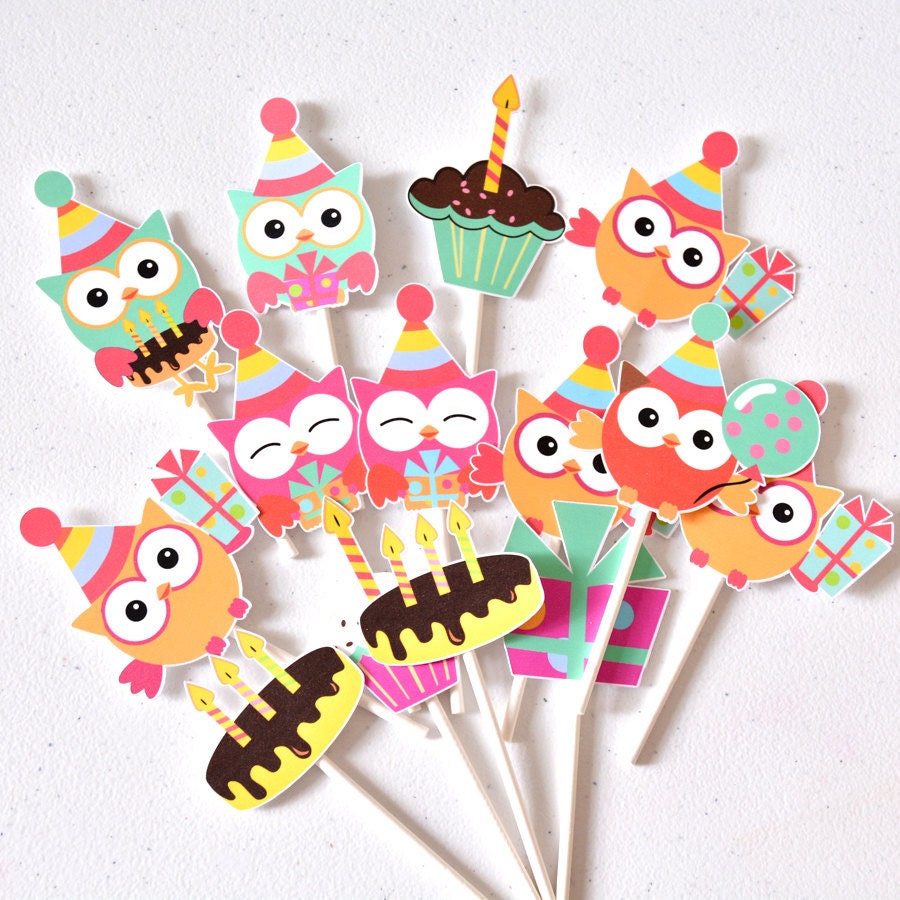 12 Owl Birthday Party Supplies Owl Cake Decoration Owl Cake Etsy