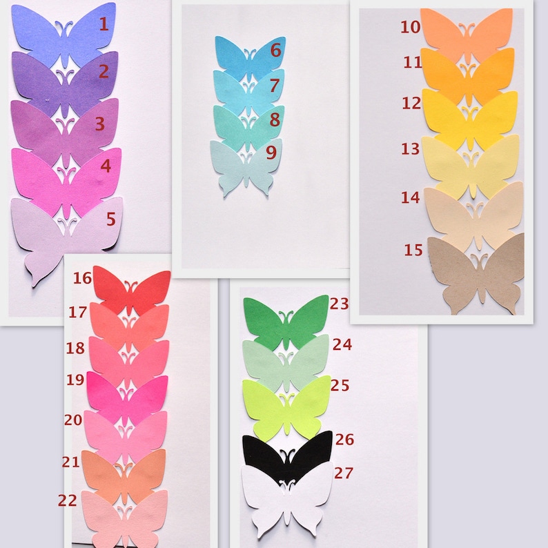 May include: A chart of 27 different colored paper butterflies. The butterflies are numbered 1 through 27. The colors include blue, purple, pink, red, orange, yellow, green, black, and white.