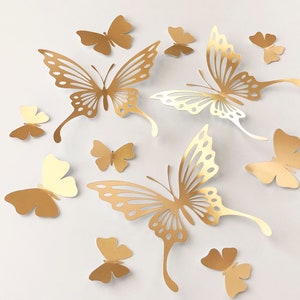 26 Gold Butterfly Wall Decal, Metallic Paper Butterflies, Gold Foil Butterfly Wedding Wall Decor