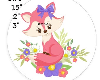 Pink Fox Baby Girl Round Labels Envelope Seals Birthday Shower Favor Stickers