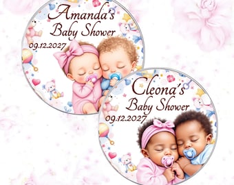Boy Girl Twins Baby Shower Favor Labels, Personalized Glossy Round Stickers for Party